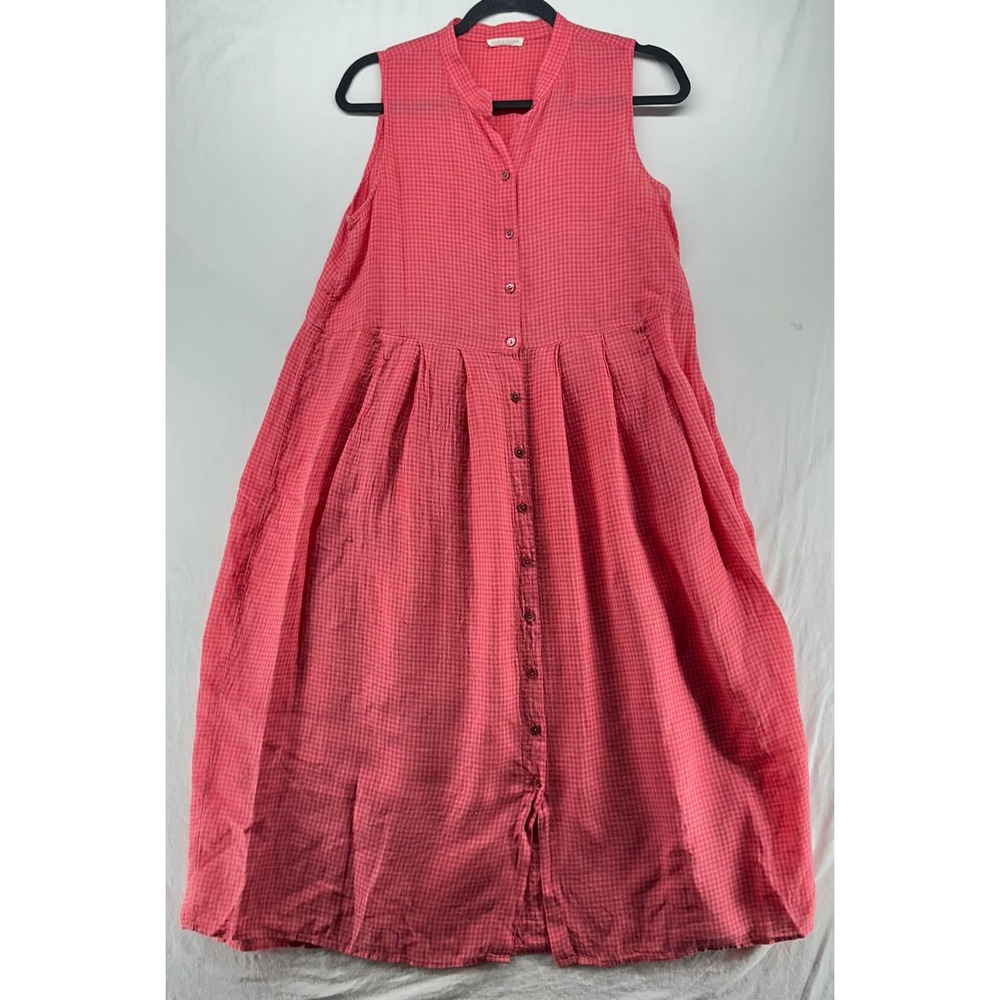 Eileen Fisher Red Gingham Sleeveless Button Down Midi Dress Pleated Skirt S